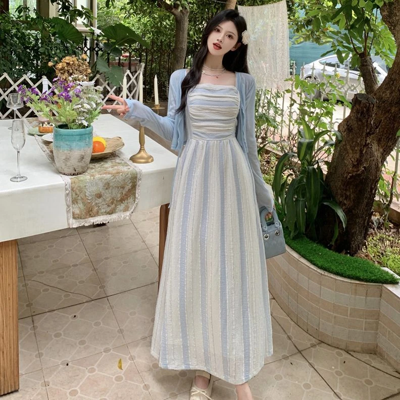 【海盐芝士】包包专属大码春夏季新款气质条纹连衣裙+开衫套装7085