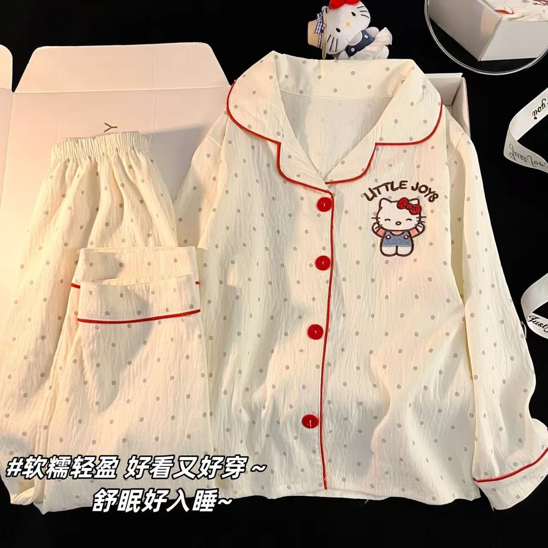 波点HelloKitty儿童睡衣女长袖2025新款女童春秋季女孩母女家居服