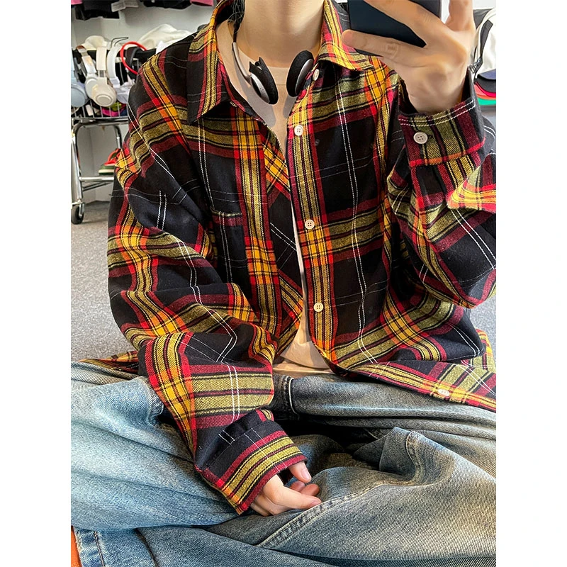 美式复古格子衬衫男款春季新款宽松撞色长袖衬衣外套oversize痞帅
