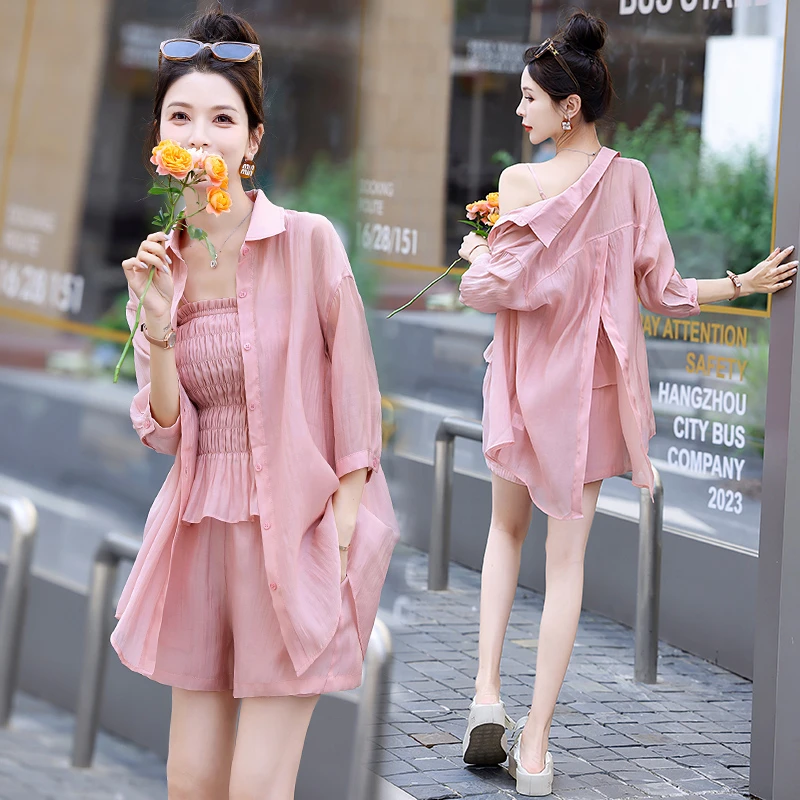 时尚天丝三件套套装2025年夏季新款休闲舒适洋气流行女防晒套装