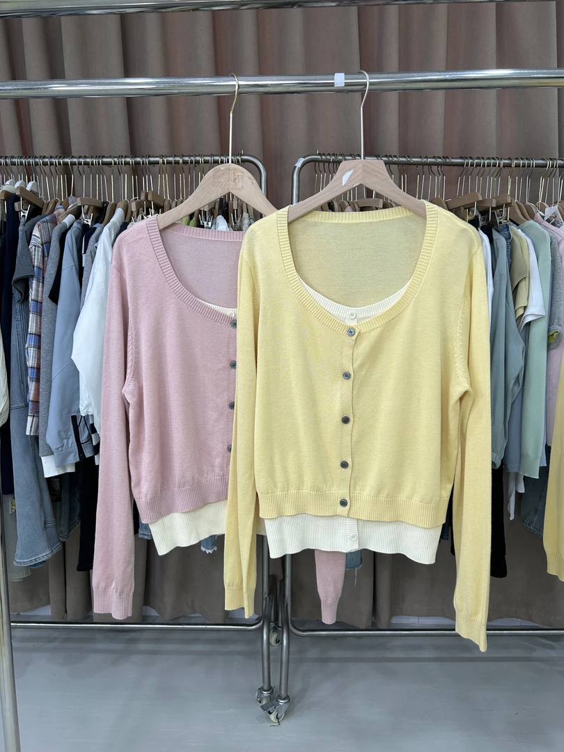 Q1816撞色假两件背心针织开衫毛衣秋冬季设计感小众上衣