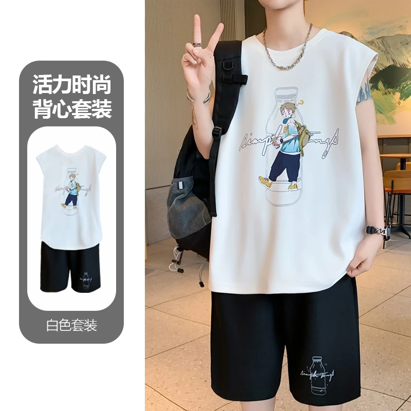 夏季薄款背心男款套装无袖t恤男篮球休闲潮流帅气男生运动两件套