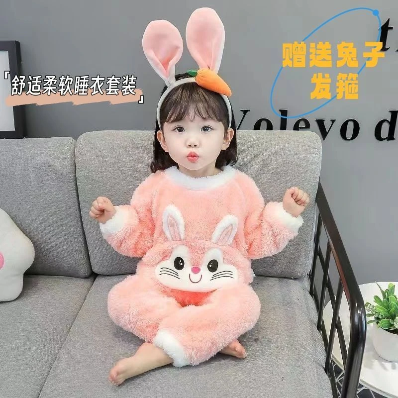 女童睡衣舒棉绒宝宝睡衣儿童秋冬家居服长袖套装加厚绒保暖两件套