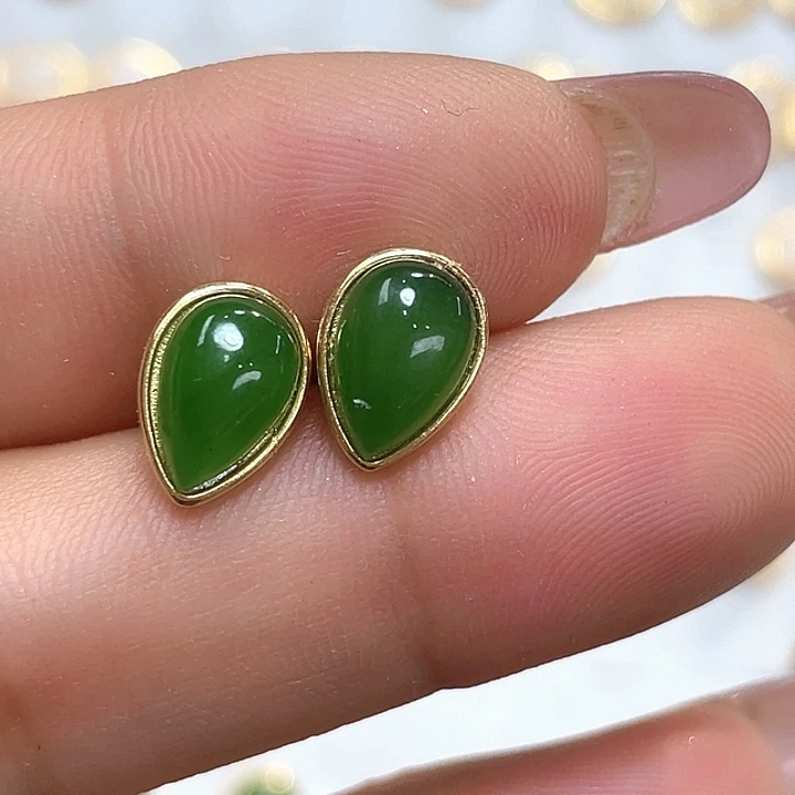 和田玉（碧玉）银S925镶嵌耳饰