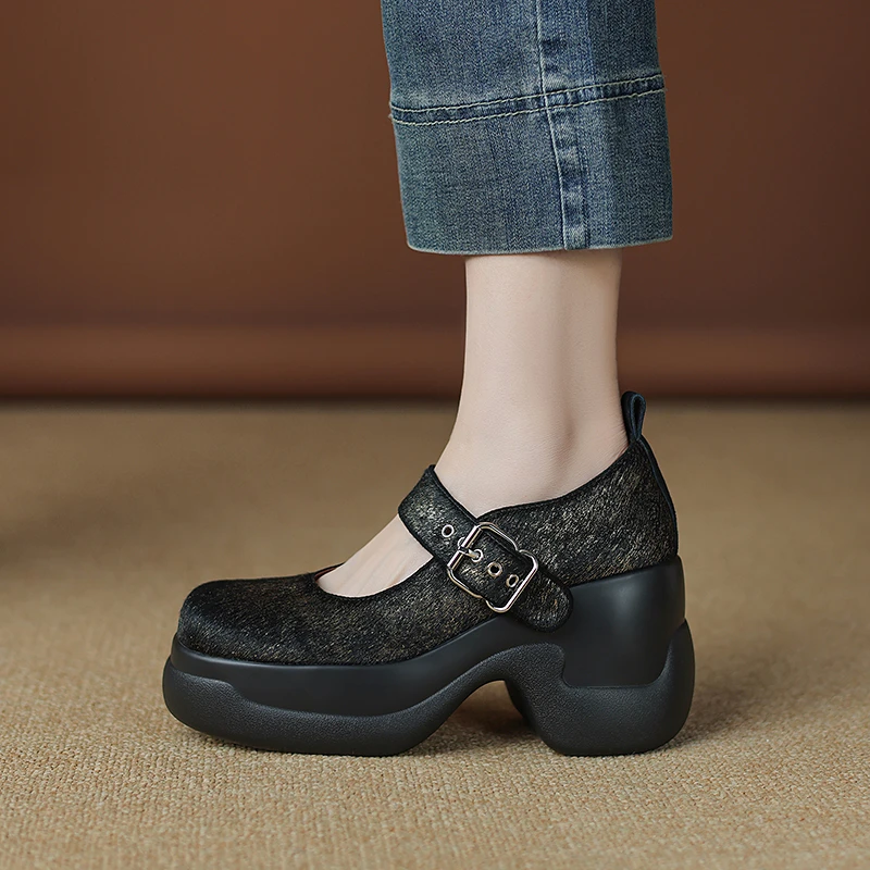 马毛8公分/春秋百搭法式高跟厚底玛丽珍鞋女复古一字带圆头女鞋子