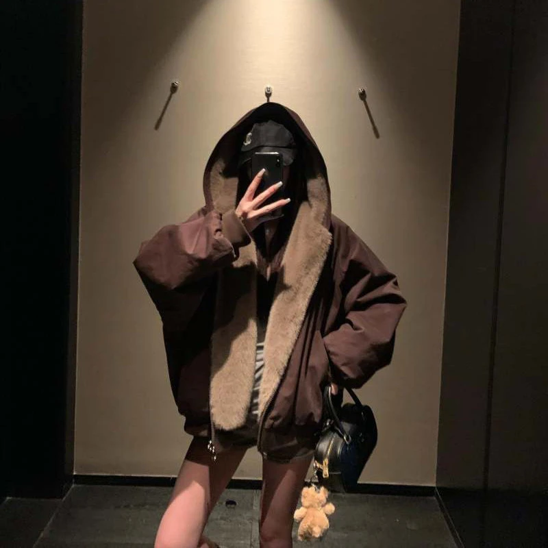 深棕色座山雕棉服外套男女冬季加绒美式复古两面穿大帽子连帽棉衣