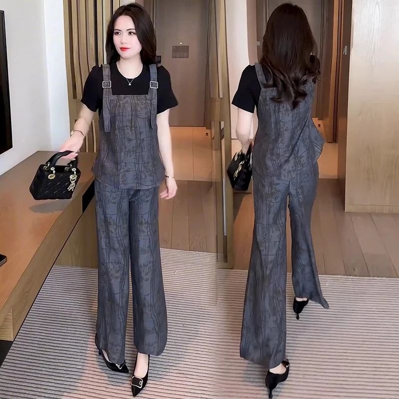 时尚套装女2025夏季新款洋气显瘦假两件短袖高腰阔腿裤休闲两件套