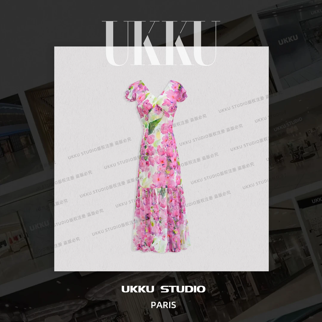 YT【UKKU STUDIO】【花海】夏季设计师气质性感法式碎花连衣裙914436