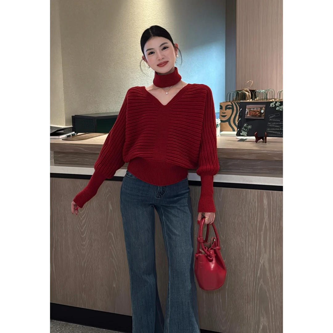 李慧一【心动焦点】韩系温柔纯欲气质感配脖套显瘦V领港风厚款毛衣