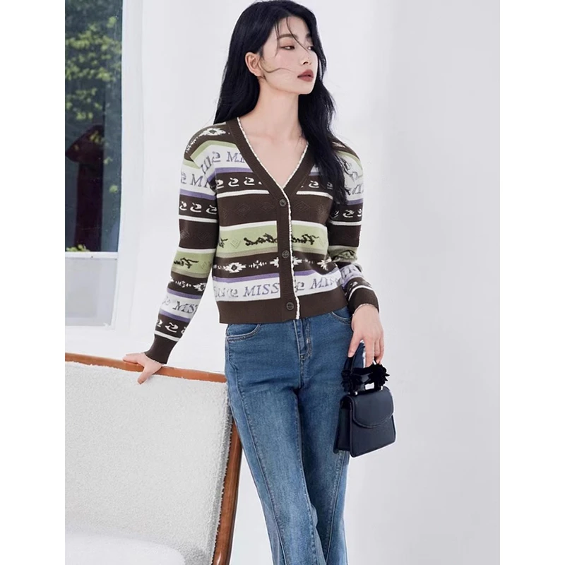 38520【LI系列】V领复古毛衣针织开衫12TS3141M