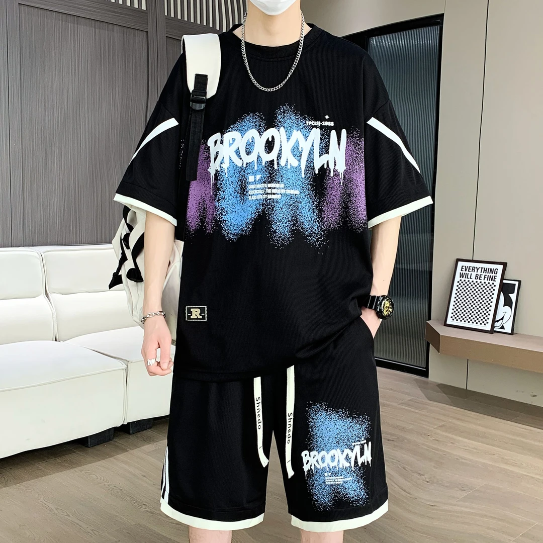 大码男装100-280斤冰丝短袖t恤男青少年夏装帅气短袖休闲运动套装