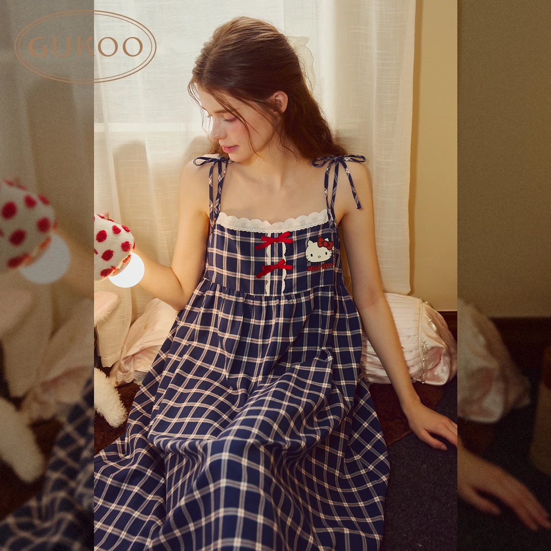 Gukoo果壳HelloKitty睡裙藏蓝色吊带裙可外穿夏季纯棉格纹