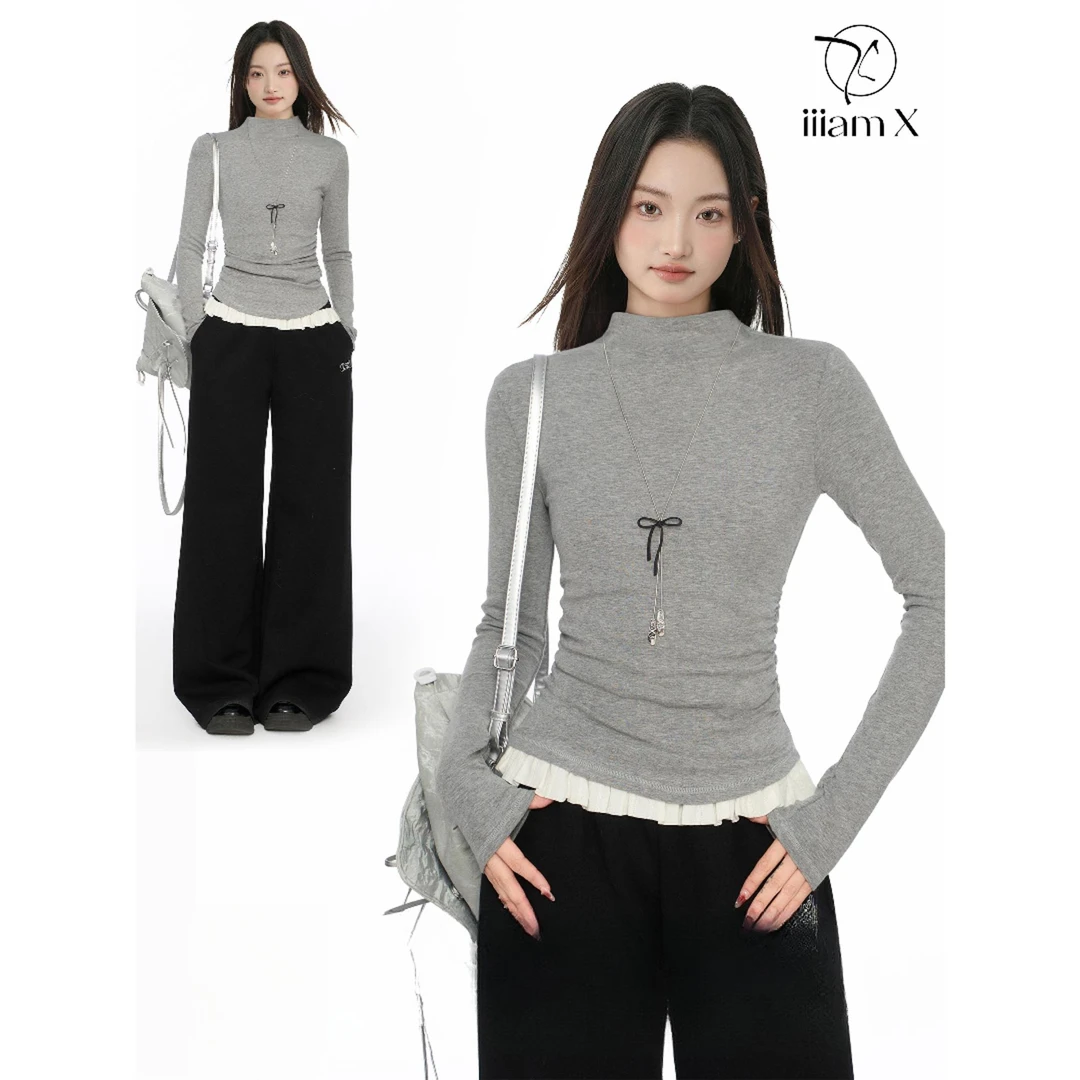 灰色半高领长袖打底t恤女2025冬中领修身紧身正肩内搭打底衫上衣