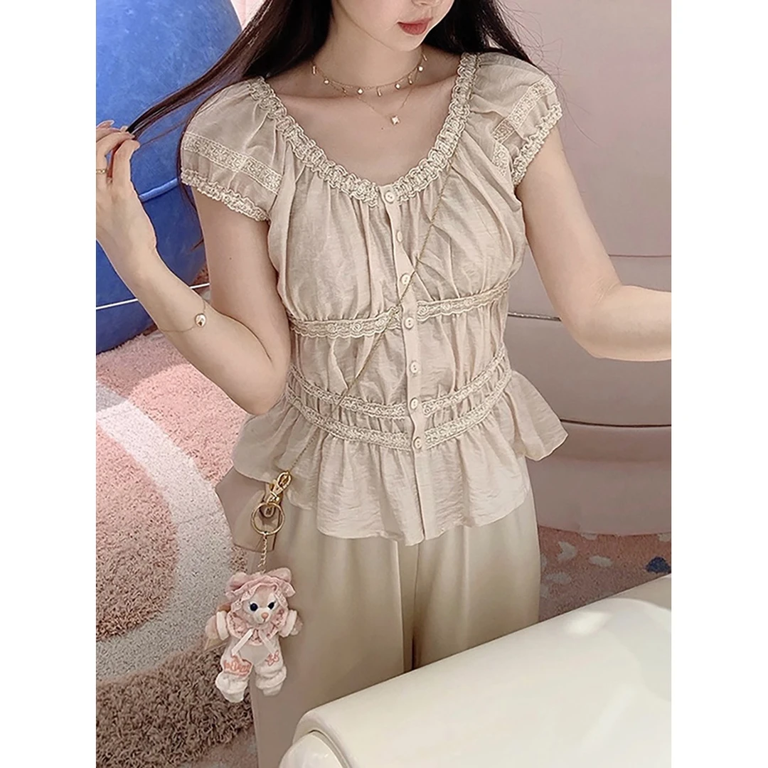 醋酸 法式甜心~ 蕾丝衫女夏季新款气质显瘦短袖小上衣