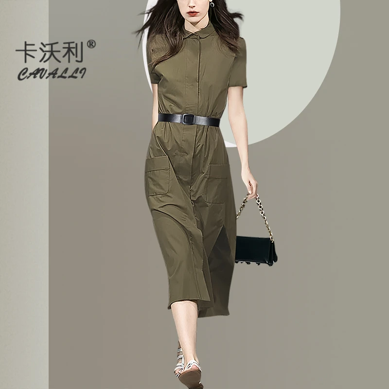 时尚军绿色衬衫连衣裙夏季2025新款修身气质中长款轻熟风A字裙子