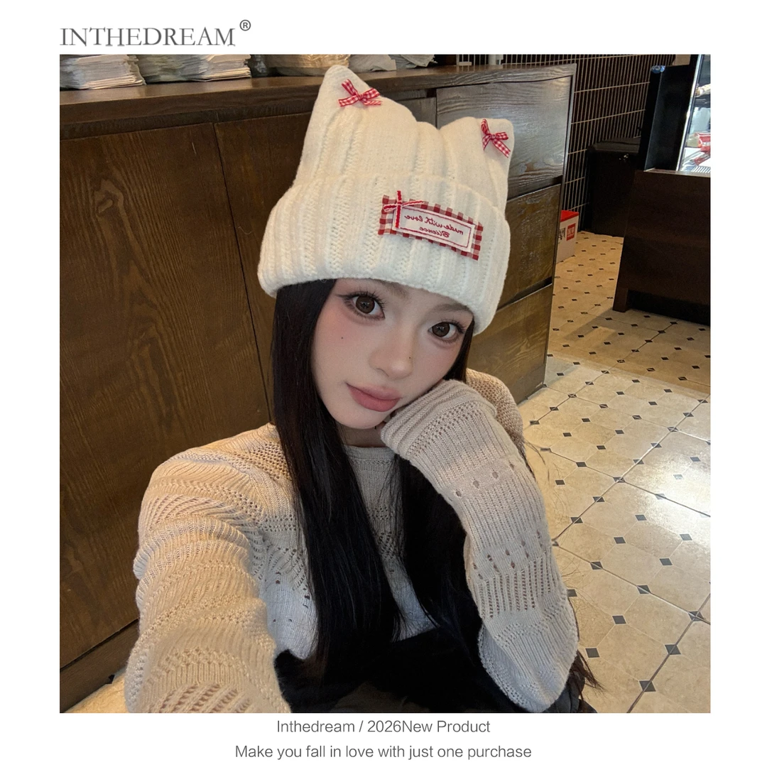 猫耳朵蝴蝶结帽子可爱毛线冷帽大头围冬季加厚防寒保暖针织毛绒帽