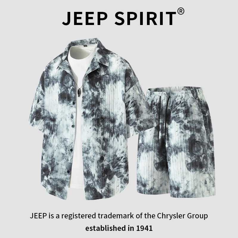 JEEPSPIRIT吉普夏季薄款痞帅印花冰丝宽松短袖衬衫短裤套装男潮