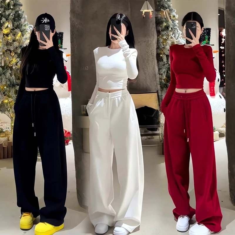 韩版圆领短款长袖T恤女春季新款高级感收腰显瘦上衣休闲裤两件套