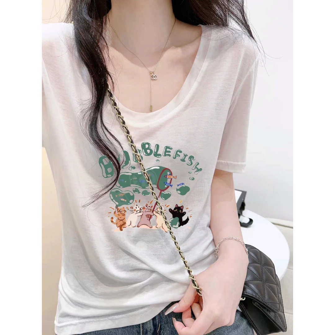 猫咪印染低圆领短袖白T恤女2025新款夏季设计感宽松减龄薄款上衣