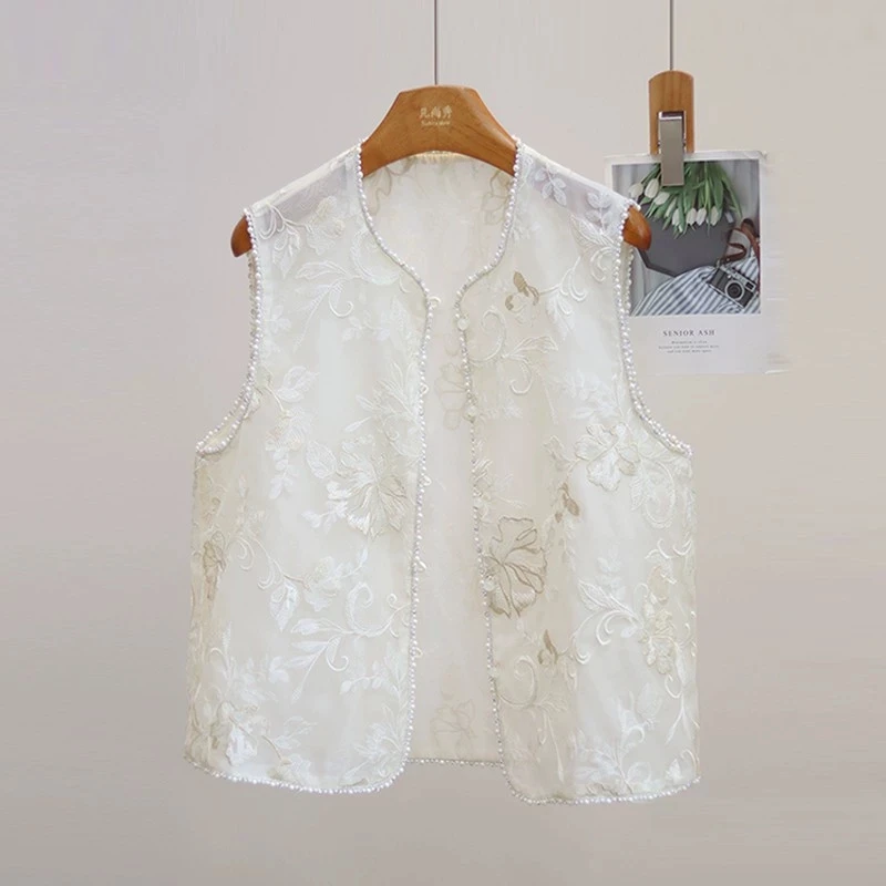 复古重工欧根纱刺绣马甲女2025新款气质浪漫风坎肩无袖百搭上衣