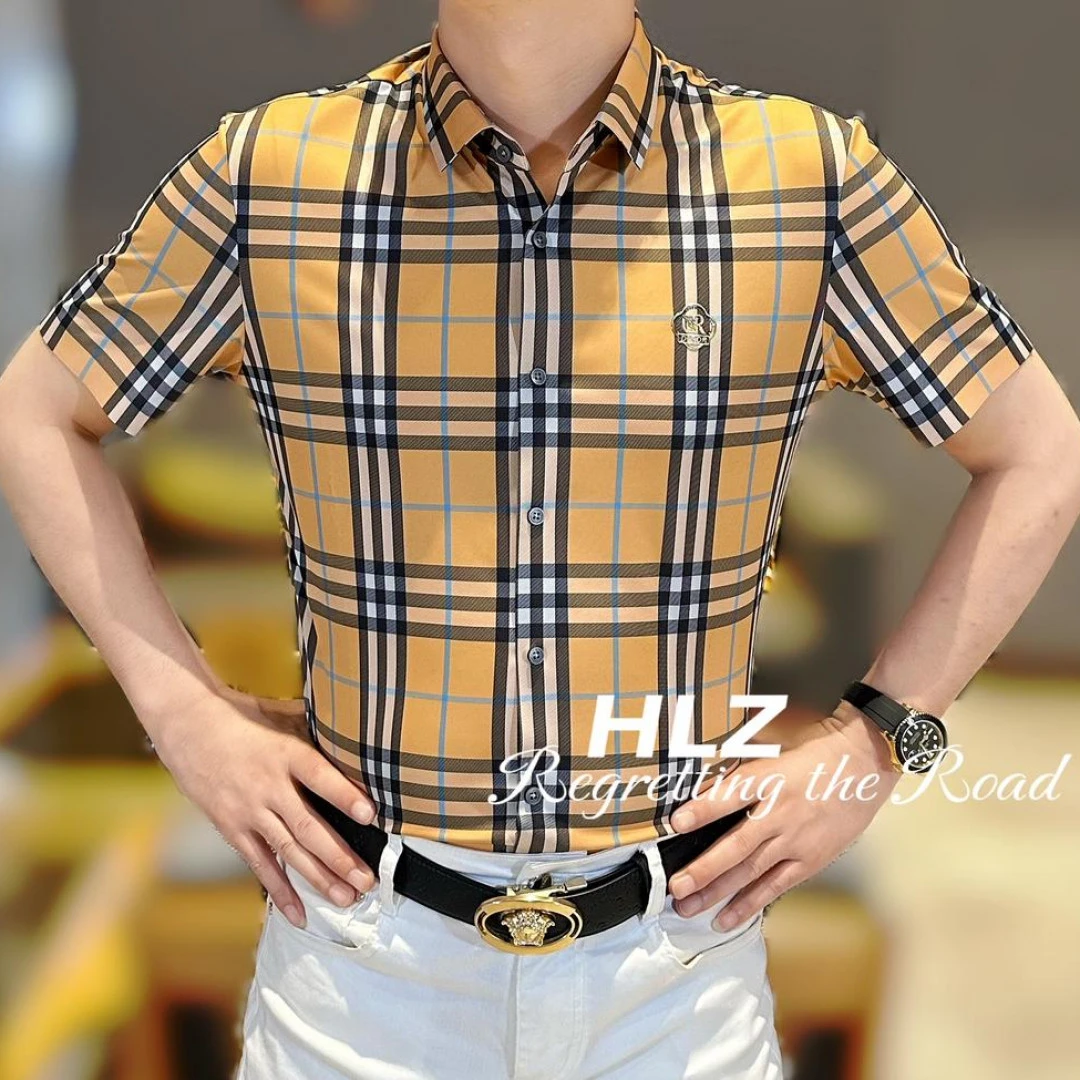 2025夏季新款修身个性时尚百搭冰丝无痕格子印花男士衬衫短袖T恤