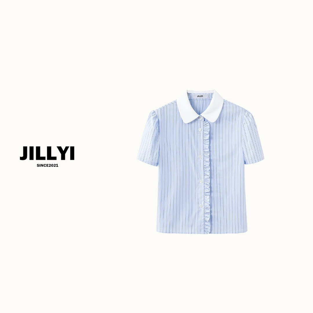 JILLYI南山店【冰川海盐】浅蓝色条纹短袖衬衫衬衣时尚休闲百搭夏季
