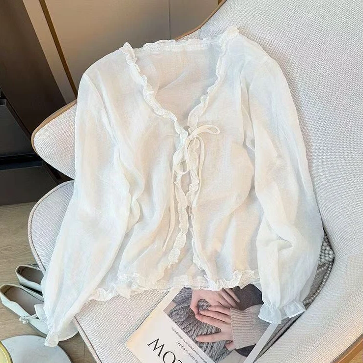 夏季薄款大码胖mm温柔木耳边V领衬衫女系带开衫衬衣防晒外套上衣