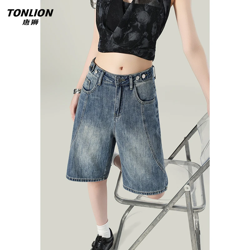 唐狮新款复古蓝宽松阔腿牛仔五分裤女夏季小个子高腰美式直筒中裤