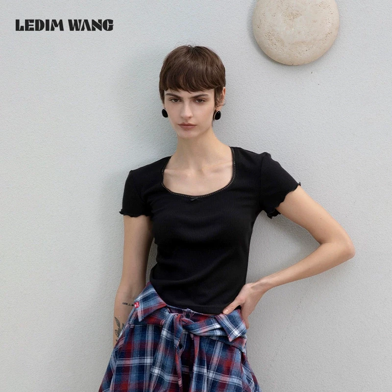 1LEDIMWANG低领蕾丝花边T恤女上衣黑色减龄百搭亲肤舒适短袖