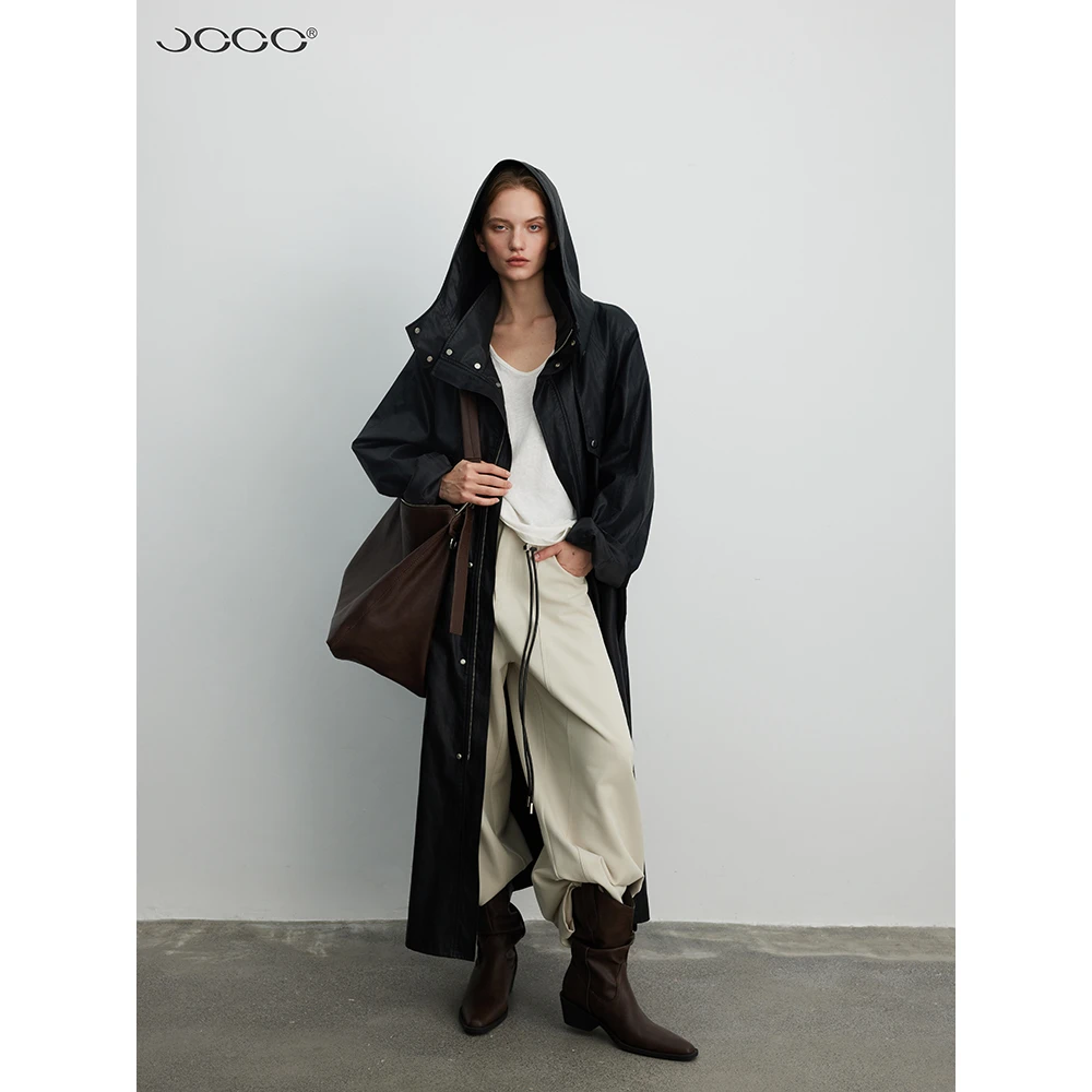 JCCC影子【“黑标/限量”墨夜曲】黑色PU皮连帽绑带长款风衣JE5AAF11