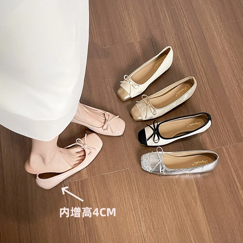 法式方头内增高套脚浅口单鞋时尚百搭软底蝴蝶结芭蕾舞单鞋网红