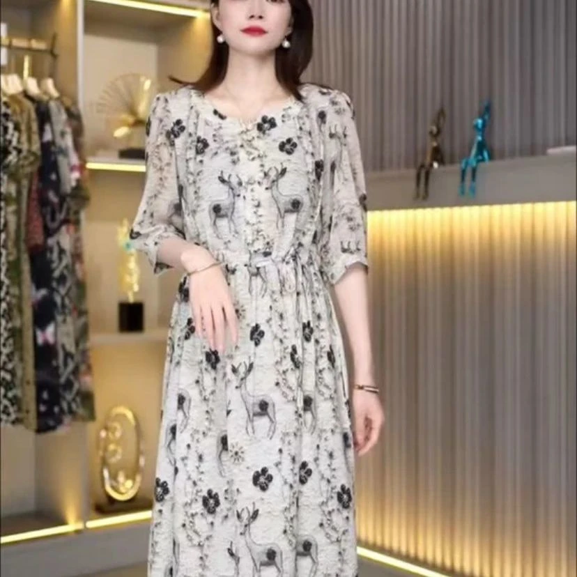 减龄时尚洋气中长款裙子连衣裙女2025夏季新款过膝显瘦气质中年女