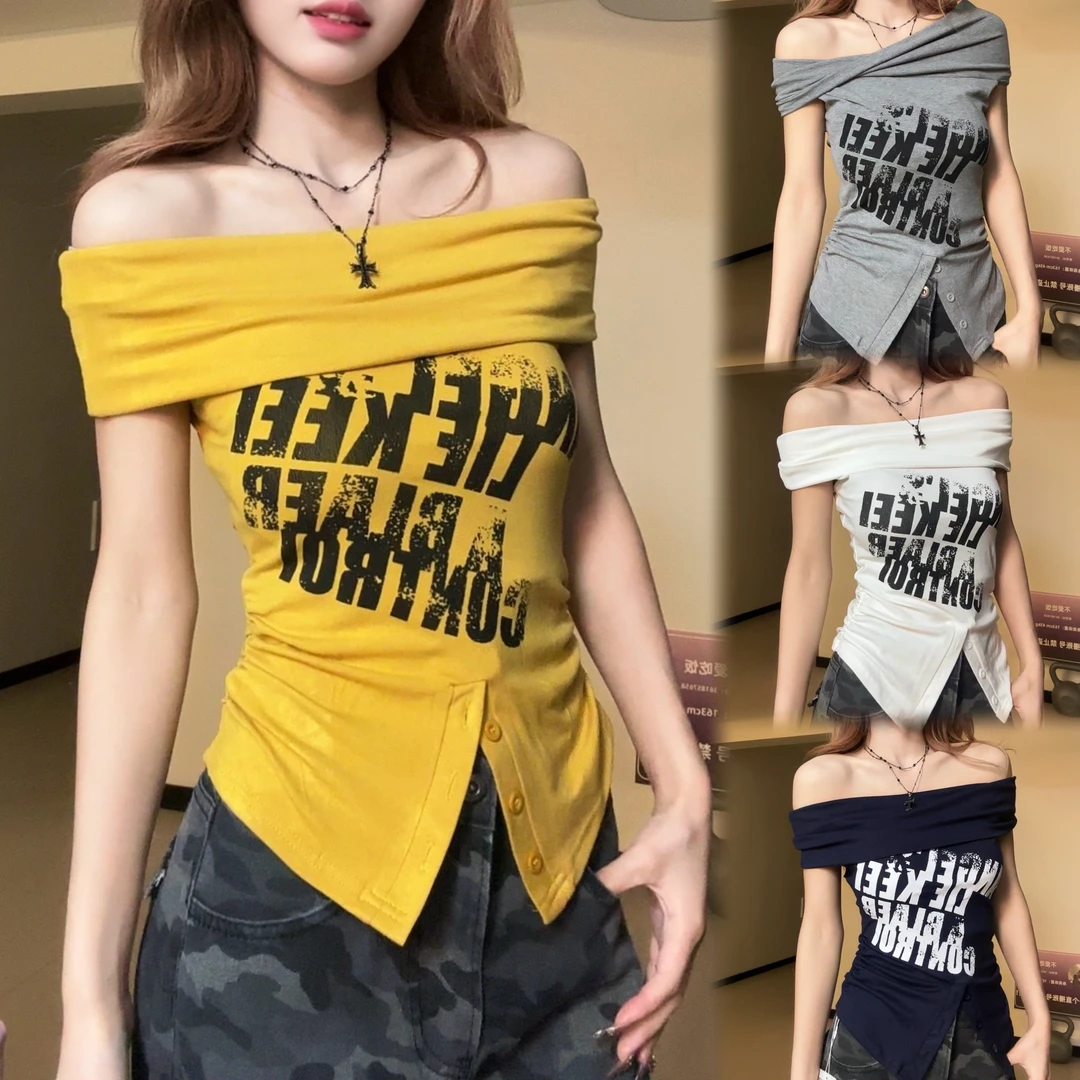 运补6-8¥杂志风印花一字肩2025夏季新款堆堆领下摆纽扣短袖T恤
