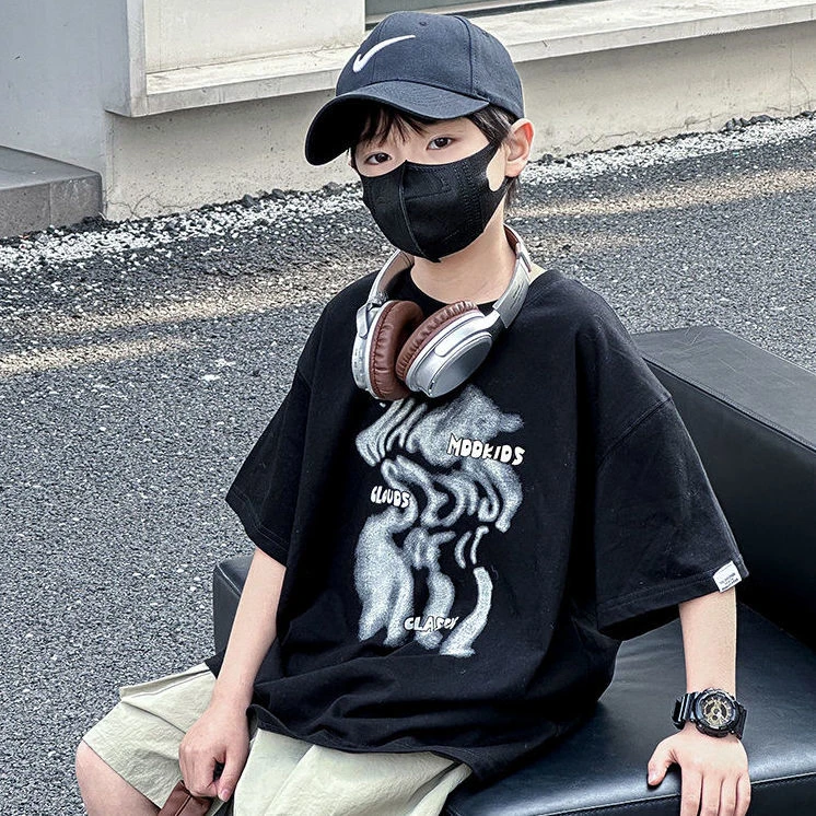 夏季新款童趣韩版宽松纯棉短袖吸汗男孩运动潮牌休闲上衣儿童童装