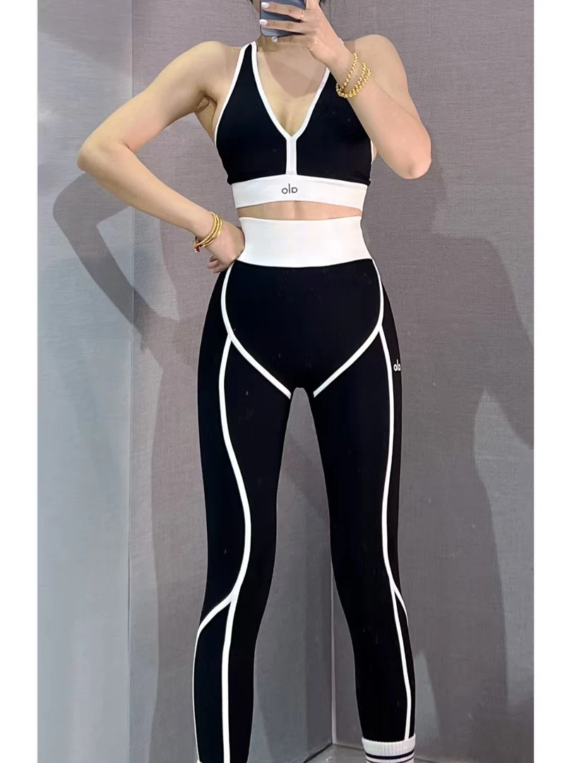 alo同款欧美撞色深V文胸蜜桃裤两件套装