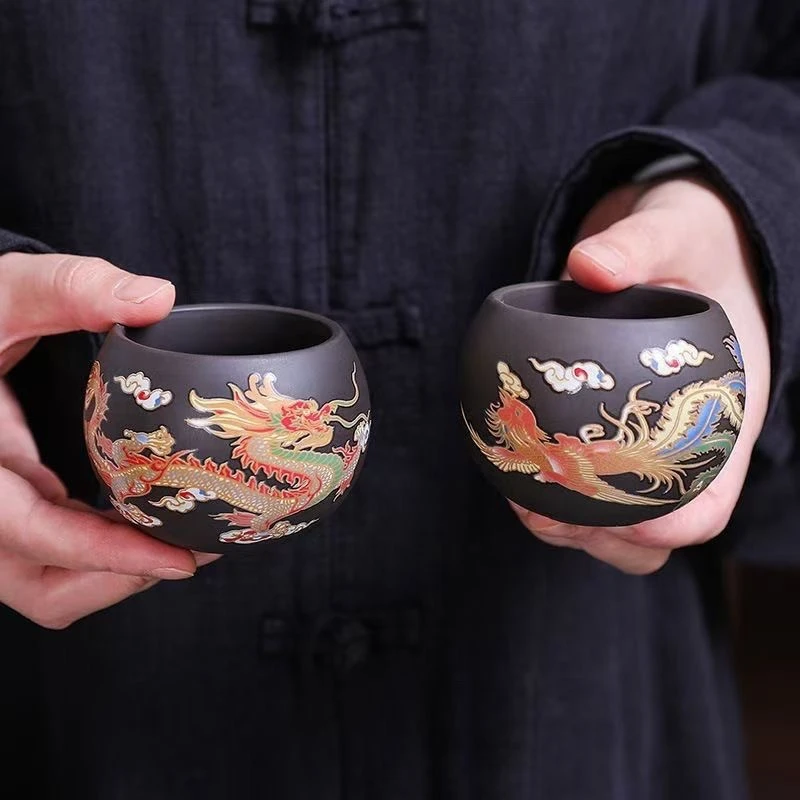紫泥变色罗汉龙杯 变色罗汉凤杯DY190