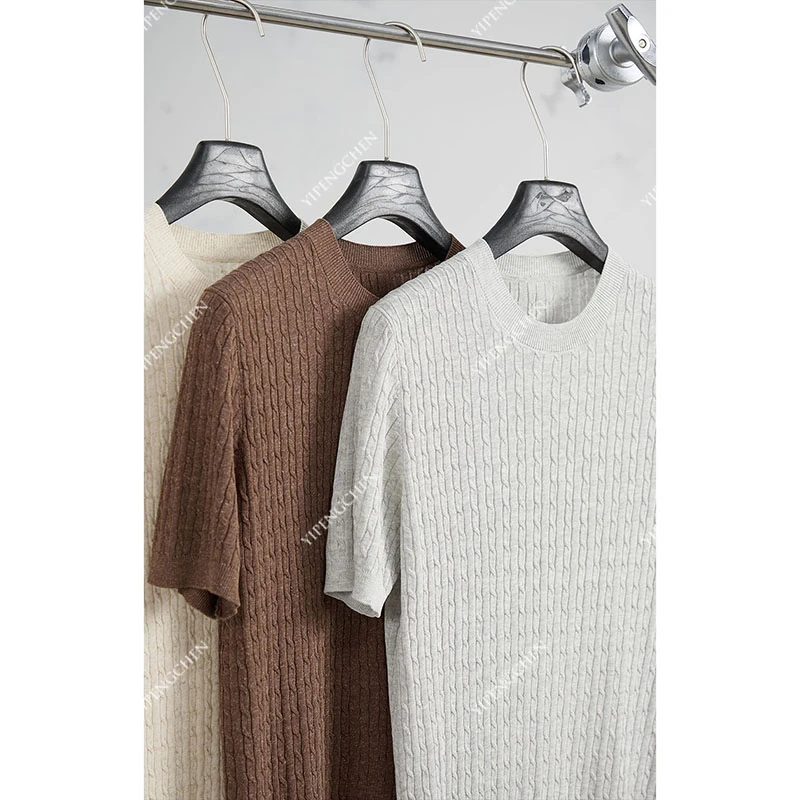 【天丝亚麻混纺】夏季薄款凉爽透气麻花纹理老钱风圆领针织衫短袖男