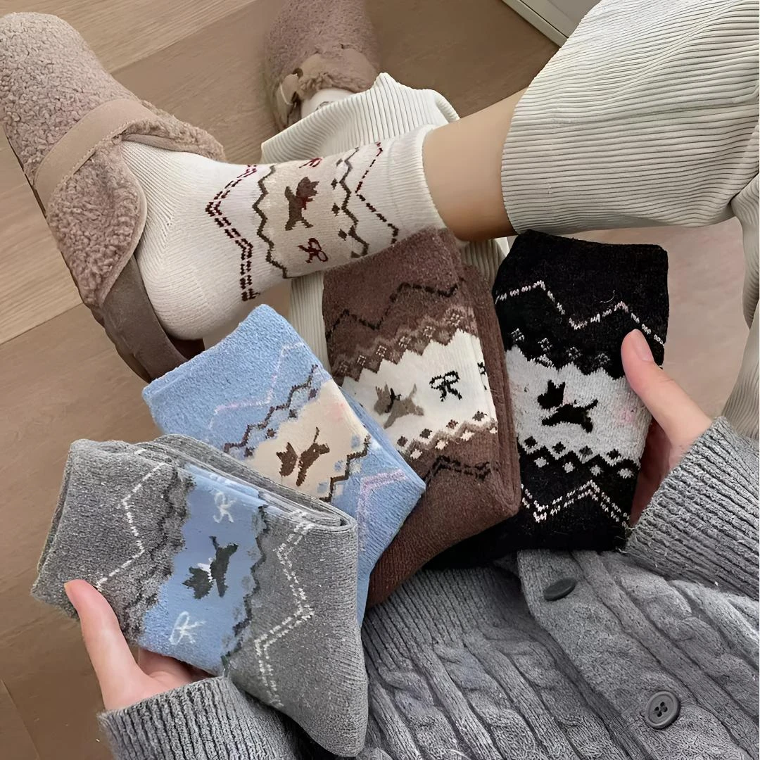 【可爱5双装】秋季新款费尔岛卡通粘人小狗袜子氛围感穿搭中筒袜