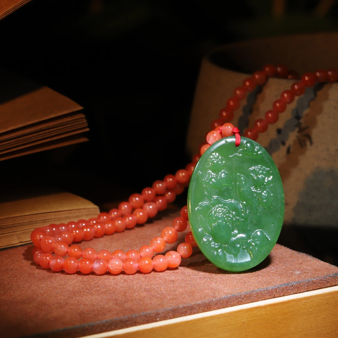 【小娟珠宝】俄罗斯碧玉南红喜事连连挂件 F121 0166