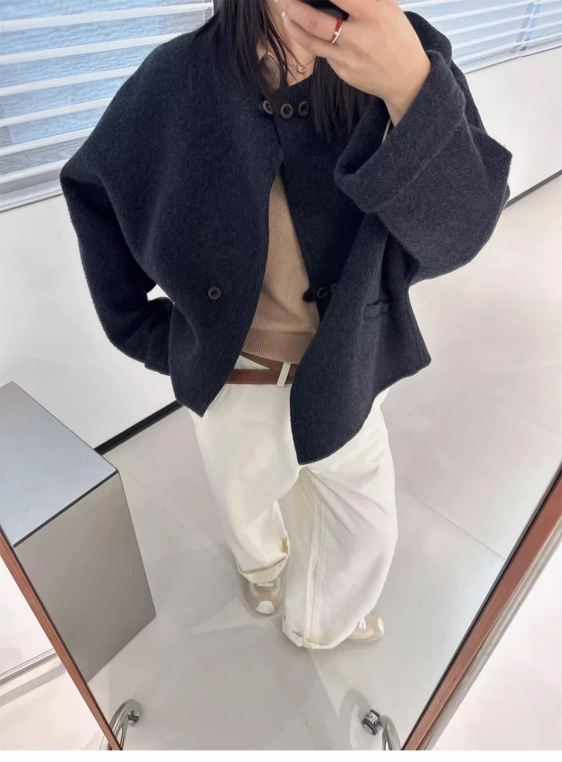 韩系茧形双面呢羊毛外套女秋冬新设计感深灰色蝙蝠袖短款圆领大衣