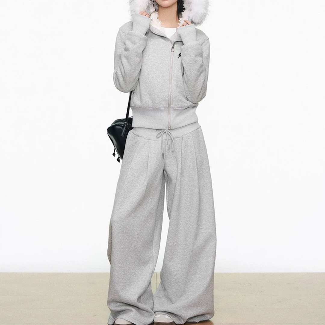 WEASTAYOONNE加绒毛领针织拉链百搭灰色卫衣秋冬开衫外套女+卫裤