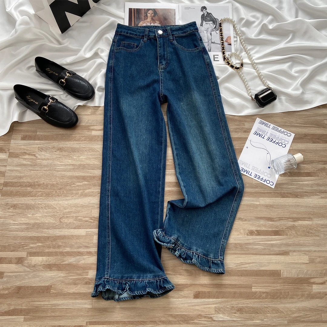 小个子，显高！花边裤脚直筒牛仔裤女秋季2025新款高腰显瘦烟管裤