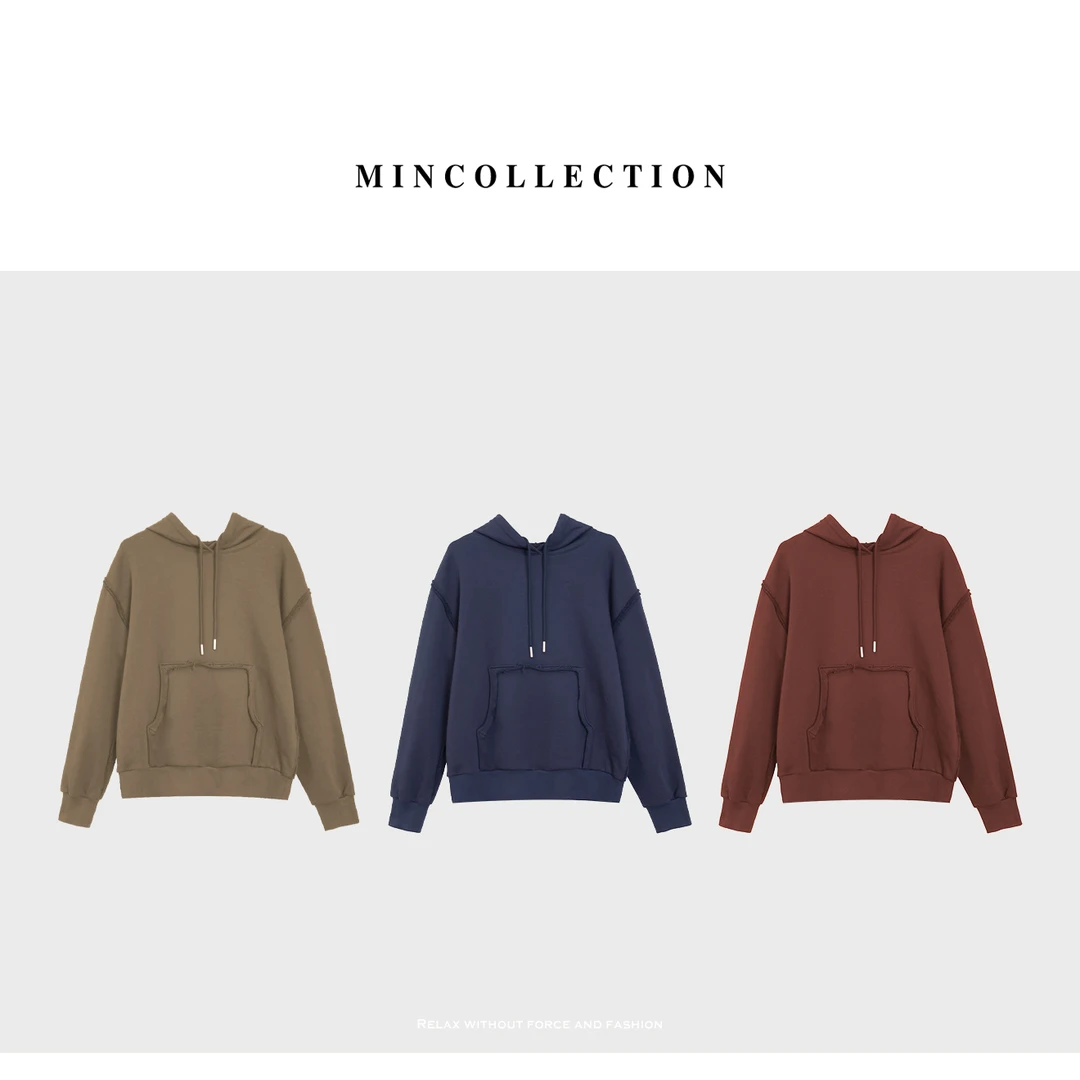 DE Mincollection散边连帽卫衣/简约重磅水洗棉廓形破坏帽衫55671