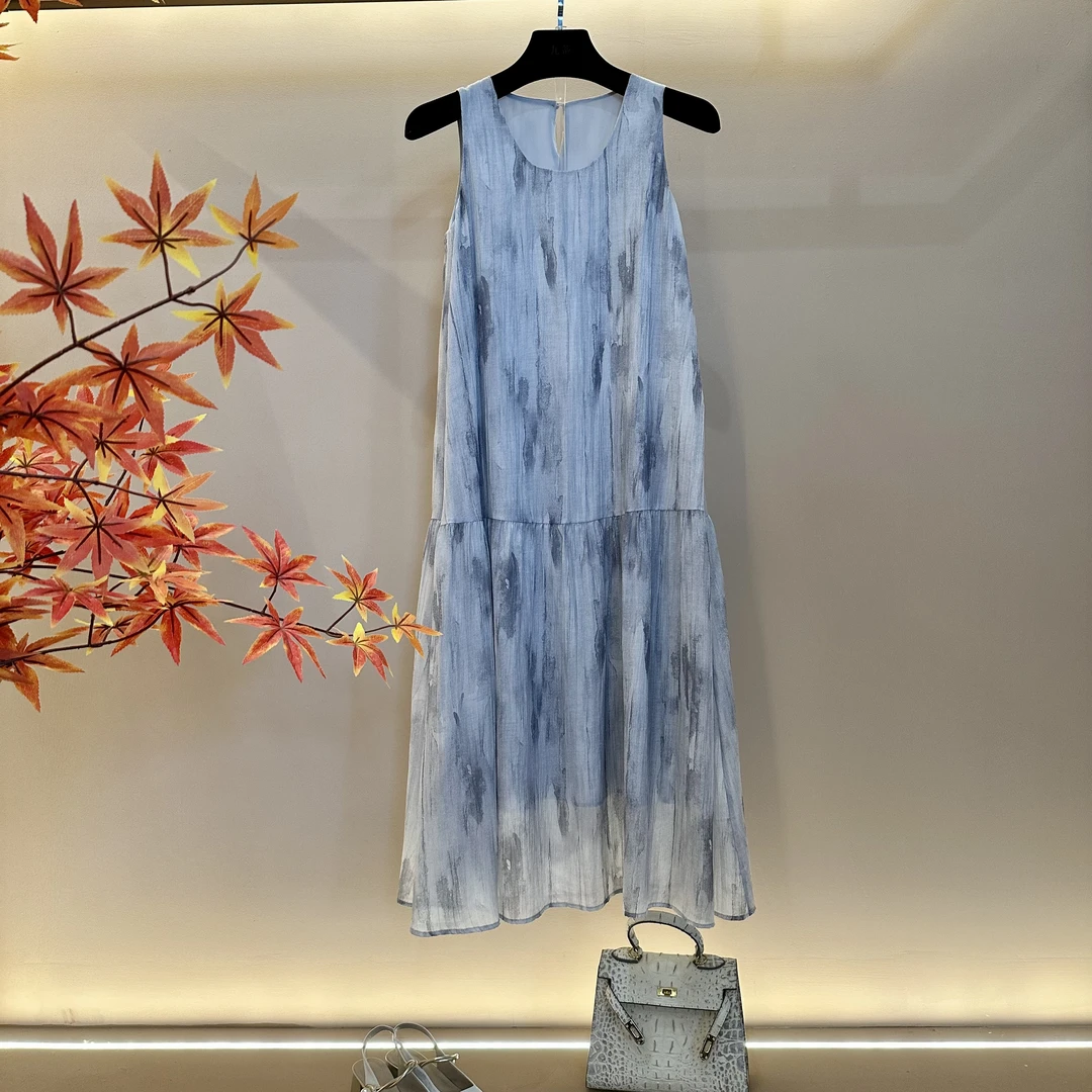 气质夏季时尚无袖长款百搭休闲显瘦女装烟灰色连衣裙252L007