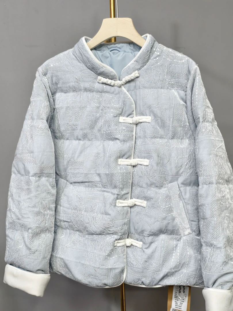 新中式复古国风刺绣盘扣立领时尚绣花短款羽绒服8813-1