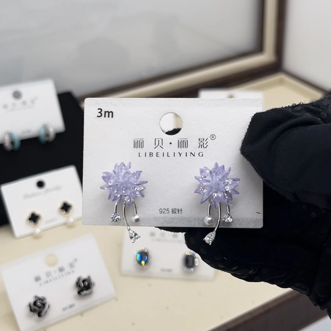 铜合金无925银蓝色烟花耳钉