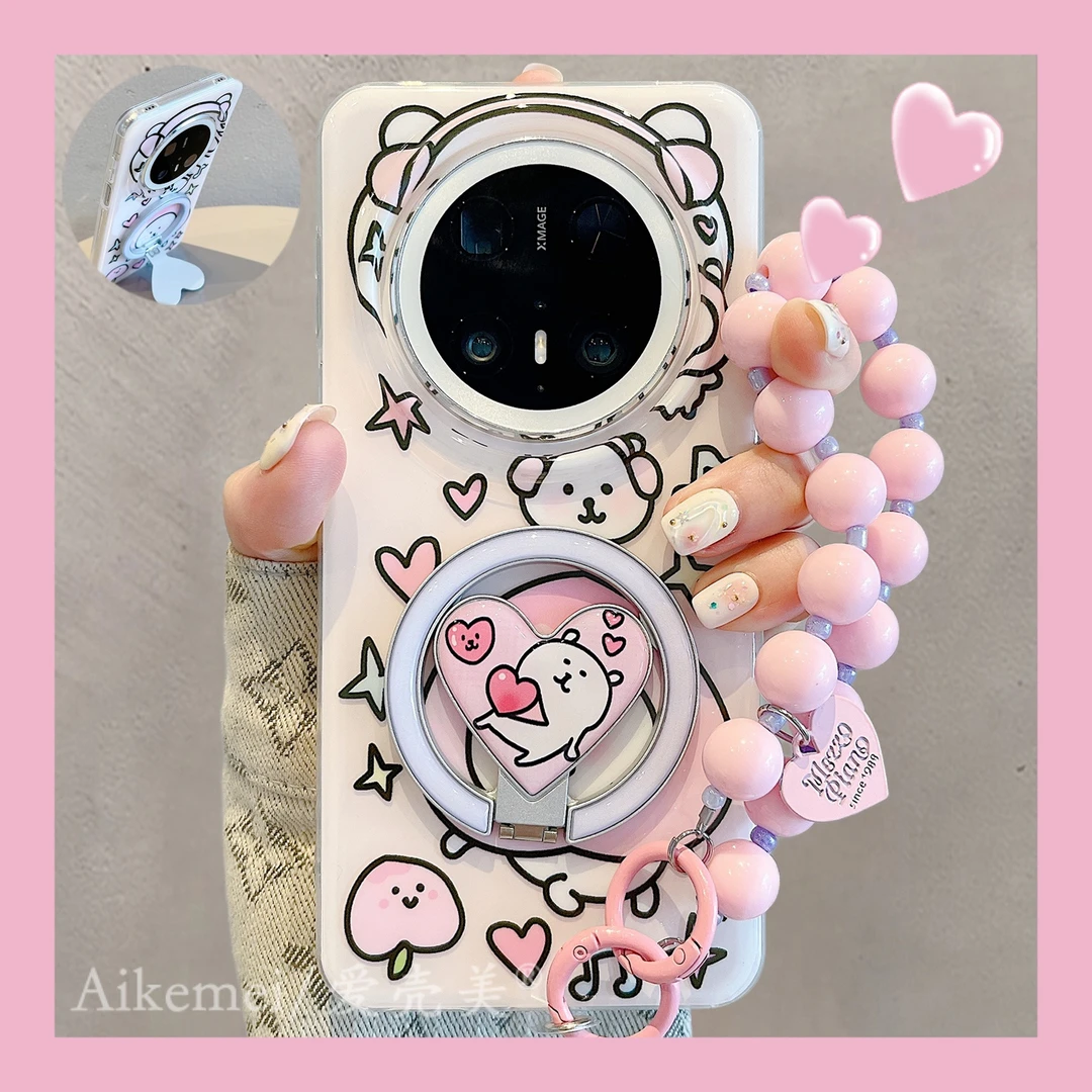 适用华为mate70pro+手机壳粉色耳机Mate60pro+蜜桃自嘲熊磁吸支架