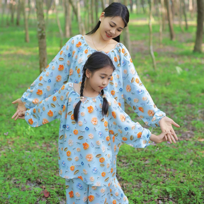 女童睡衣母女装夏季碎花植物立体花卉女时尚家居服套装网红女大童
