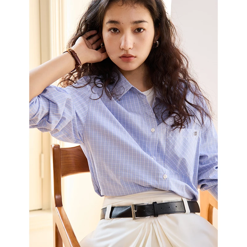 自巧自巧小个子女装宽松落肩袖格纹衬衫慵懒风长袖上衣 25ZQ91186
