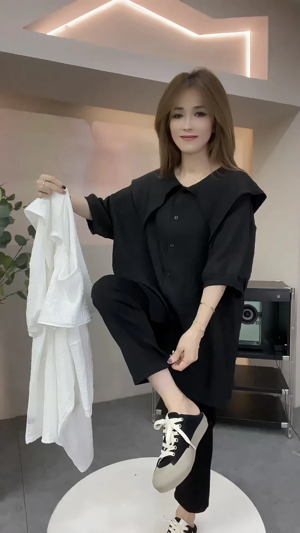 娃娃领正肩纯色短袖衬衫女2025春夏大码中长款肌理感半袖上衣